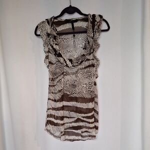 BCBG MAXAZARIA Brown and White 100% Silk Sheer Women's Top Size L